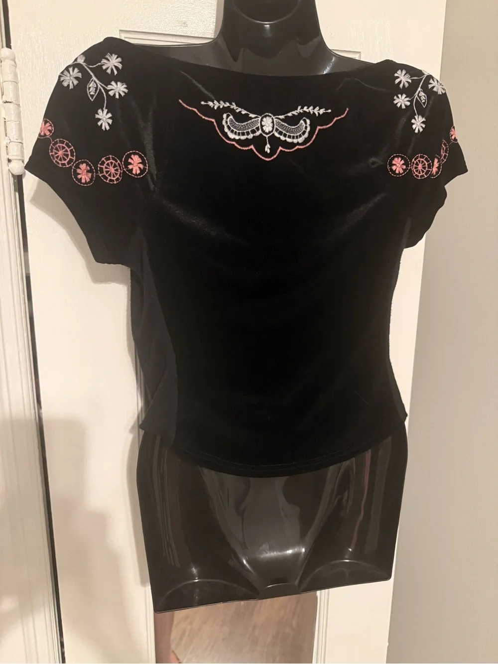 Free People Party Train Black Velvet Embroidered Boho Top Size XS